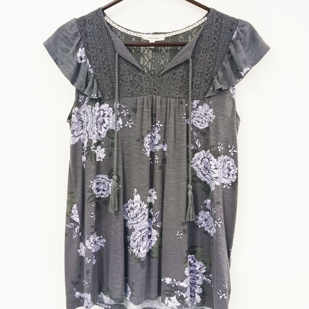 MAURICES Gray and Lavender Floral Lace Blouse Size XS